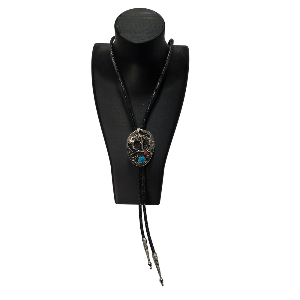 Vintage Native American Inspired Bolo Tie Turquoise Red Coral Accents *